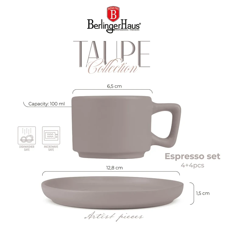 Zestaw 4 filiżanek do espresso z talerzykami BerlingerHaus BH-10016 Taupe