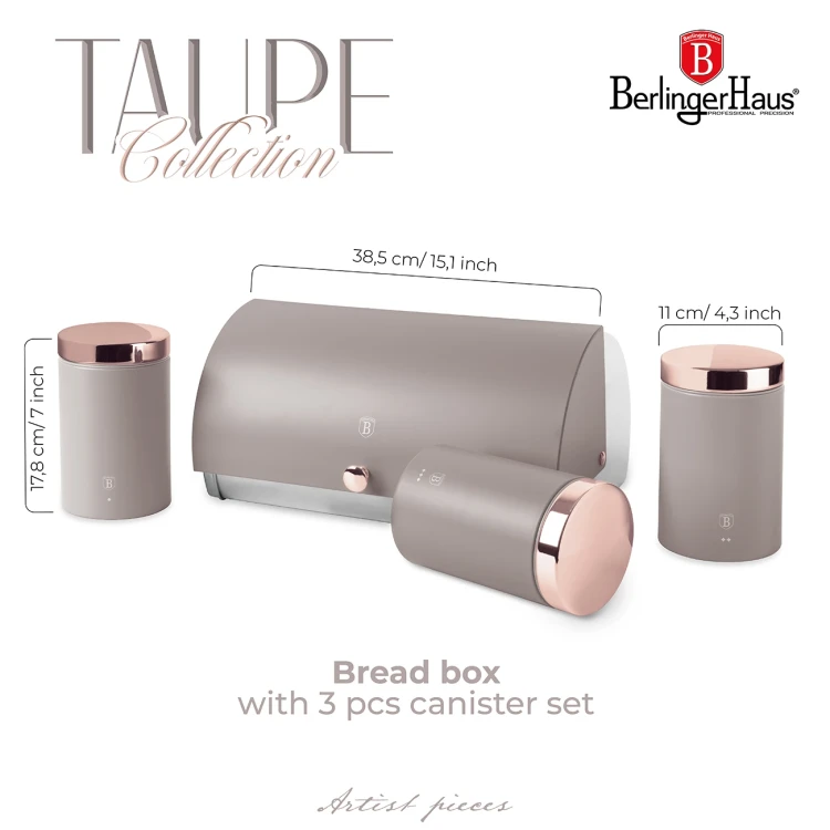 Zestaw 3 pojemników i chlebak BerlingerHaus BH-6834 Taupe | OUTLET