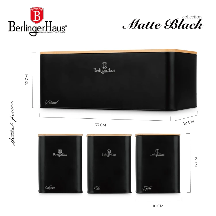 Zestaw 3 pojemników i chlebak BerlingerHaus BH-8903 Matte Black Collection