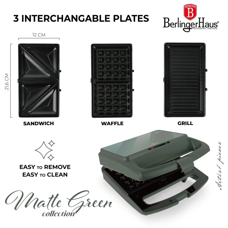 Opiekacz do kanapek 1000W 3w1 BerlingerHaus BH-9978 Matte Green