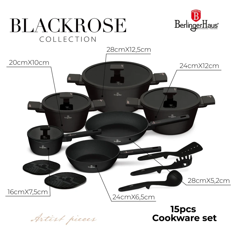 Zestaw 15el. garnki, patelnie, akcesoria BerlingerHaus Black Rose BH-8463